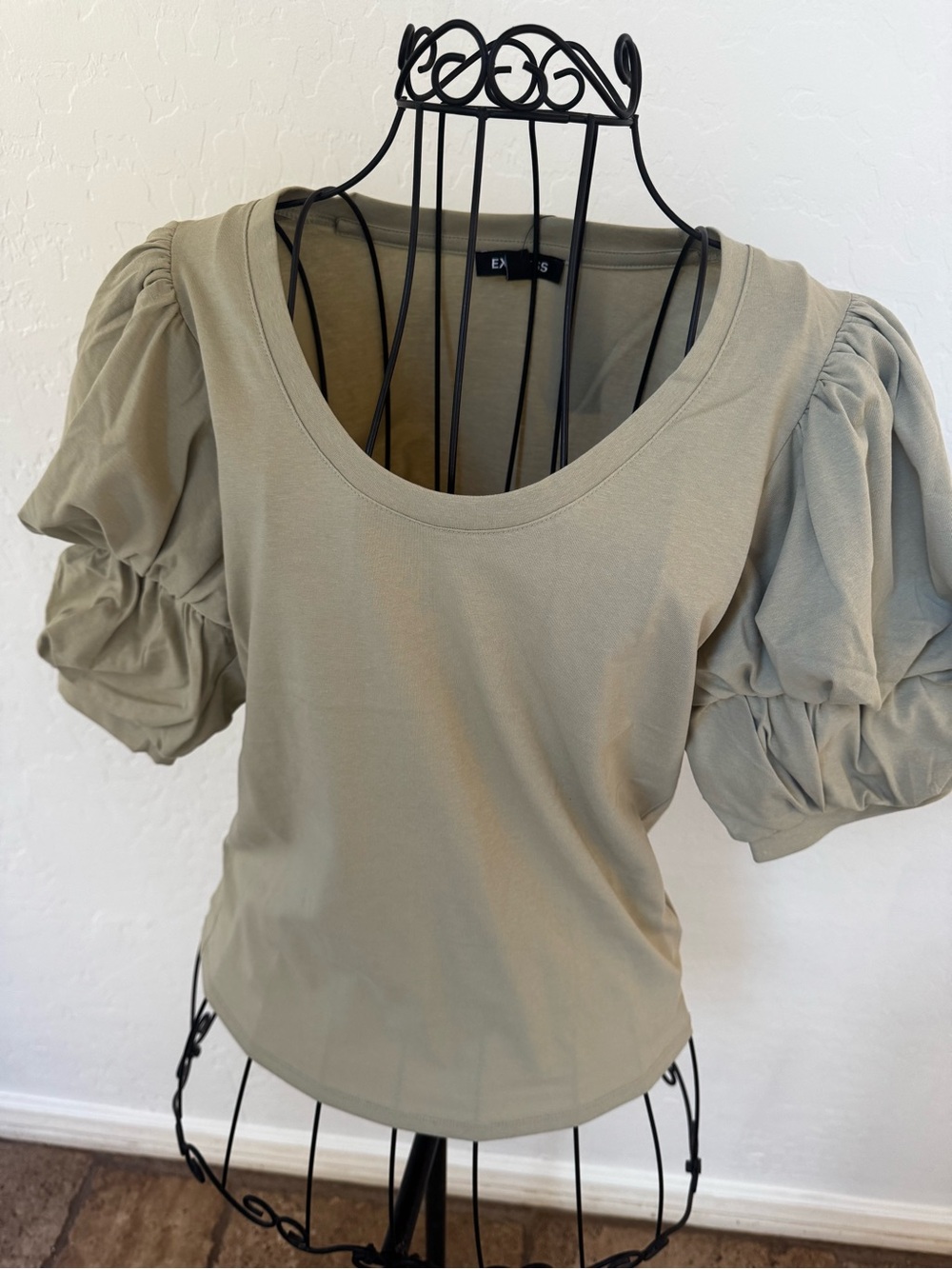 Express Olive Puff Sleeve Scoop Neck Top
